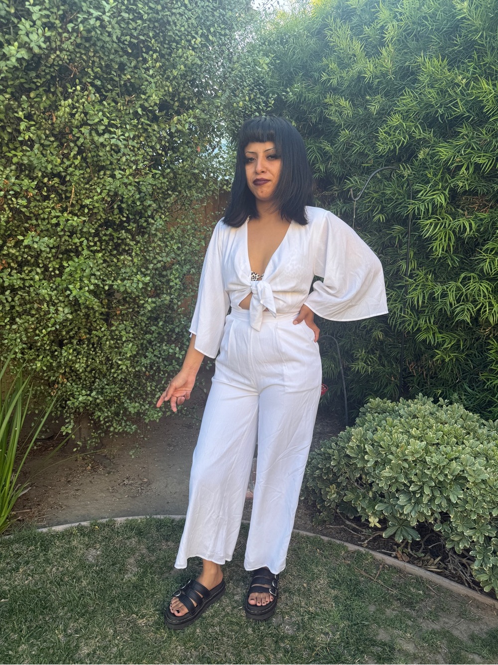 BEBE White Tie-Front V-Neck Wide-Leg Jumpsuit